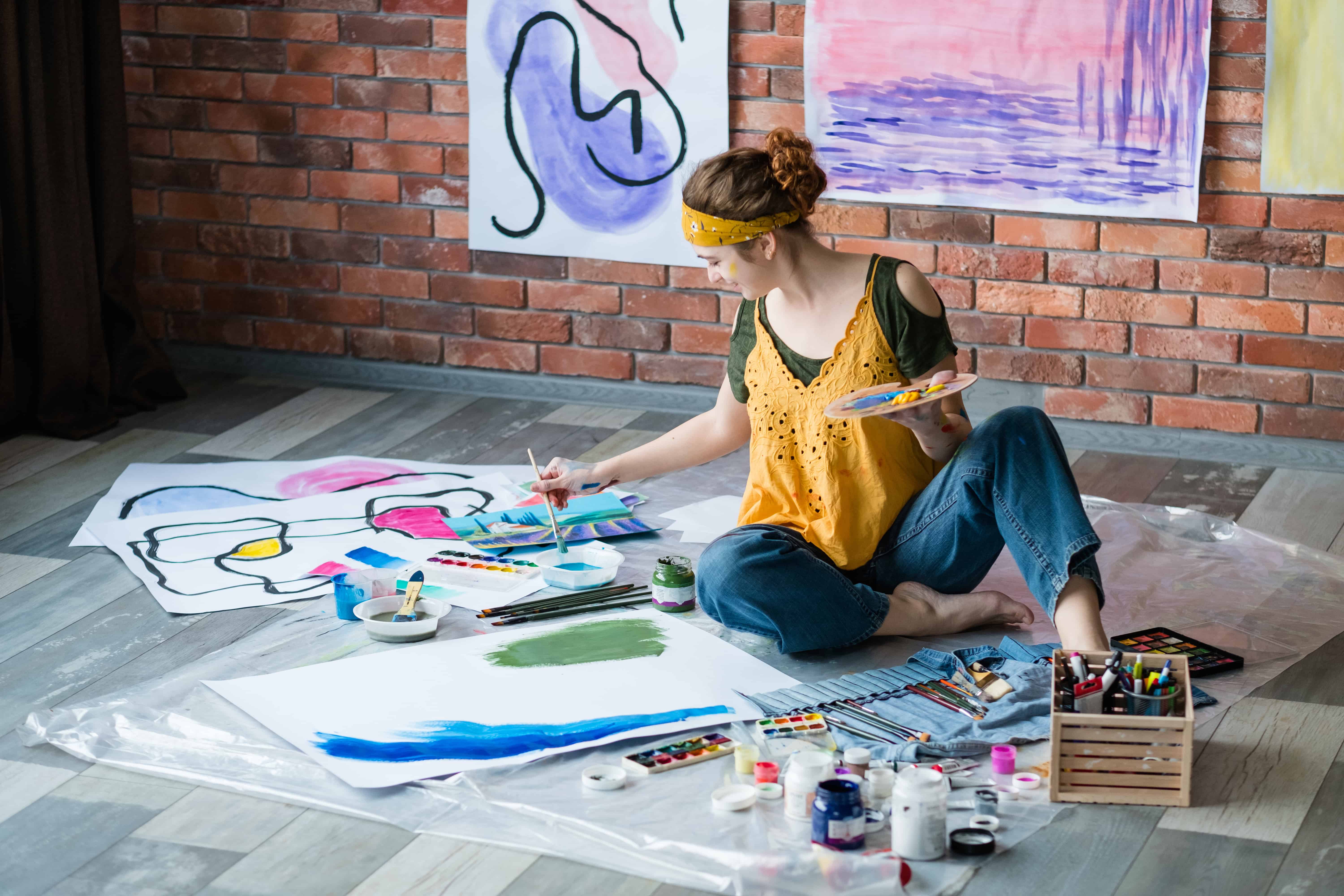 modern art school female artist painting artworks