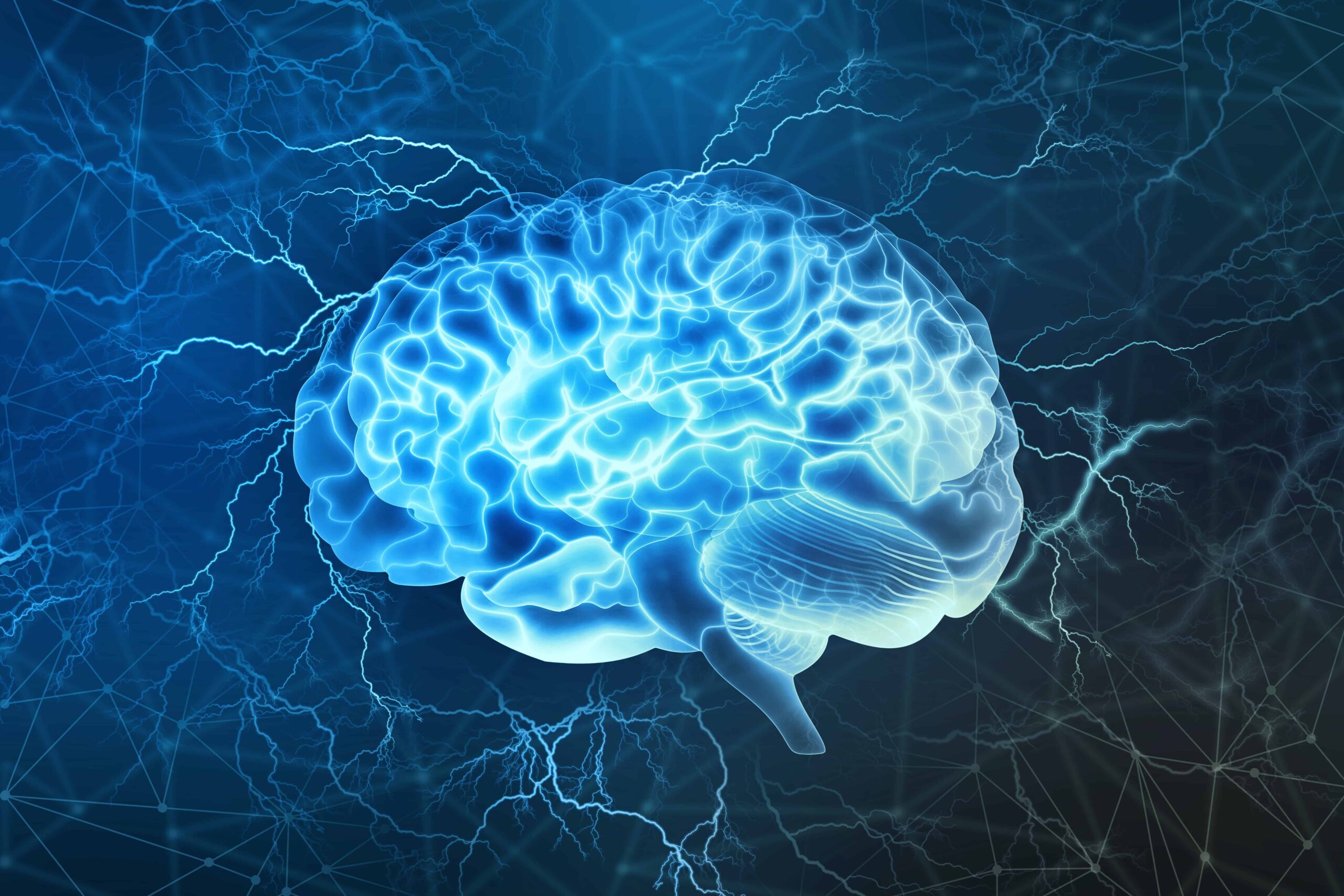 Human brain digital illustration. Electrical activity, flashes a