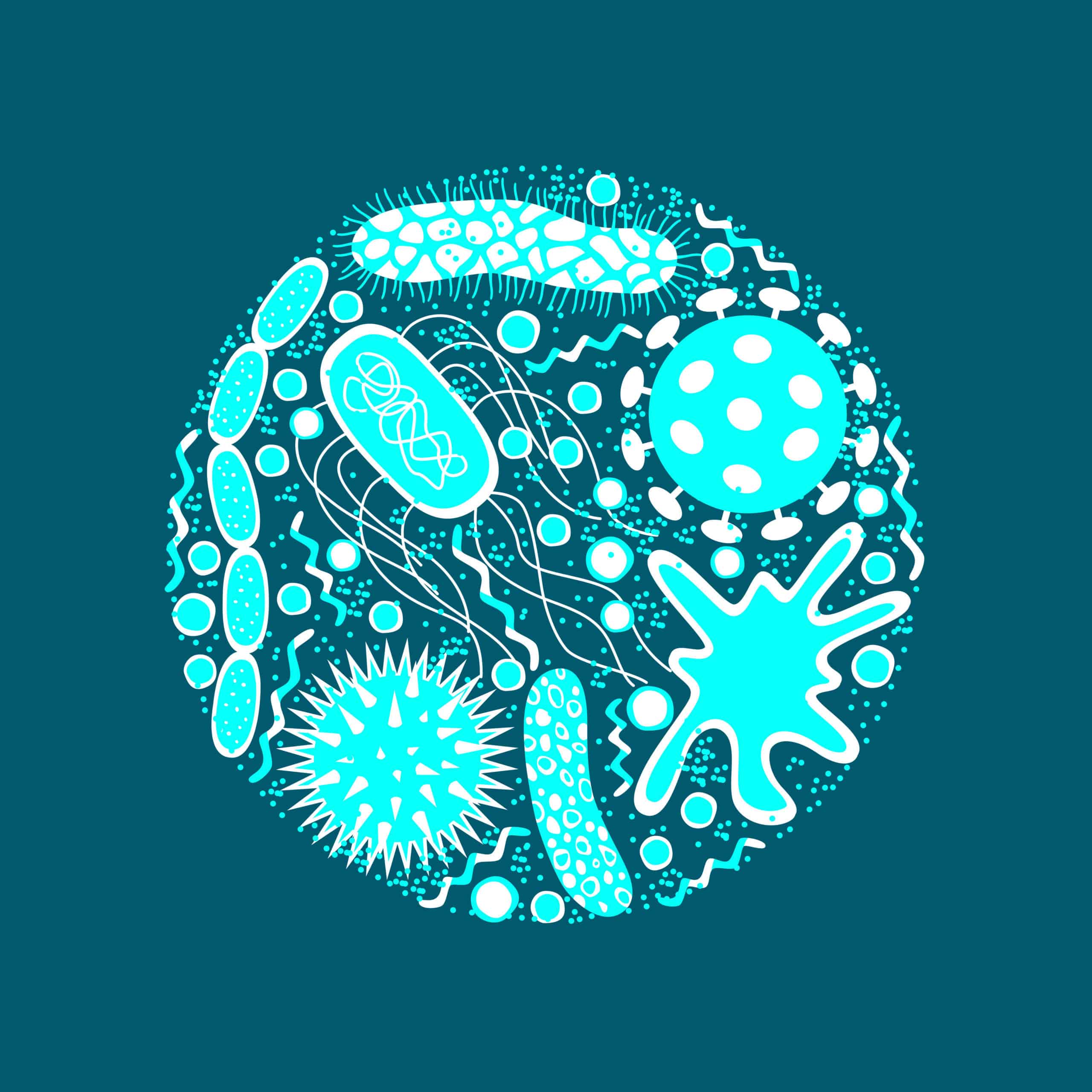 Germs and bacteria icons set isolated on blue background.